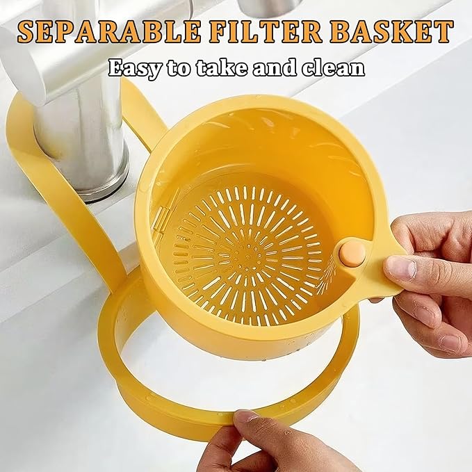 Sink Strainer Basket with One-Touch Drain Mesh, Snap-On Strap & Detachable Design – Kitchen Sink Food Scrap Filtering Storage Organizer (Yellow)
