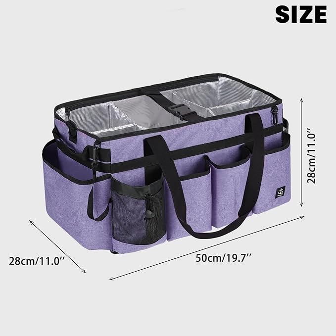 Timoxi Extra large Cleaning Caddy Bag Built-in Sturdy Support Board, Cleaning Organizer with Detachable Divider, Cleaning Supply Tote with Adjustable Shoulder Strap (Purple, 19'' x 11'' x 11'')