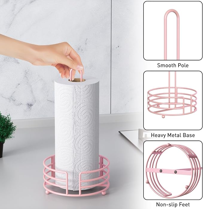 Buruis Paper Towel Holder for Kitchen Countertop, Pastel Pink - One Hand Tear with 8" Wide Base, 13" Height, Raised Feet & U-Handle - Heavy-Duty Steel Stand, Fits Jumbo Mega Rolls