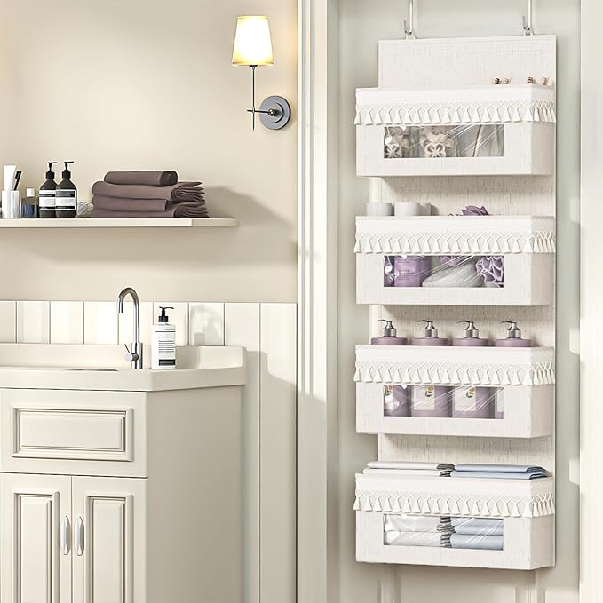 Aokeyee 4 Shelf Over The Door Organizer Nursery, Boho Closet Hanging Organizer Storage with Tassels and Clear Window, Behind The Door Storage for Baby Nursery, Bedroom, Bathroom, Laundry, Pantry