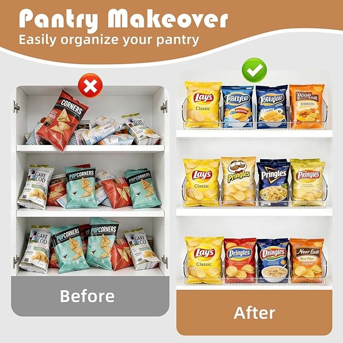 4 Pack Chip Bag Organizer for Pantry, 3-Compartment Chip Storage Containers with Detachable Dividers, Pantry Organizers and Storage for Chip and Snacks, Snack Organizer for Pantry, Fridge, and Cabinet
