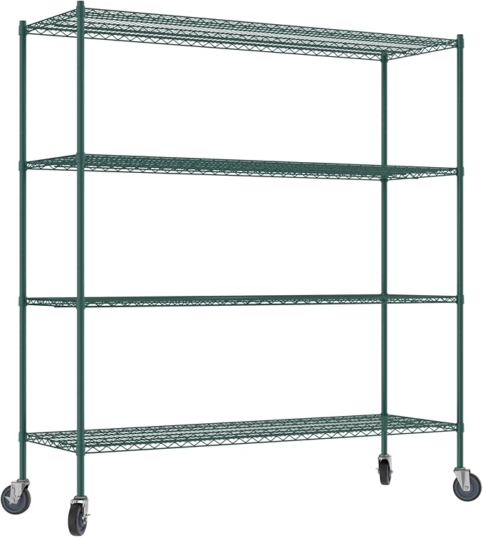 Commercial NSF Listed Green Epoxy Mobile Wire Shelving Kit 24" x 72" x 80", with 4 Shelves Perfect for Warehouse, Walk-in Refrigerator, Freezer, Grocery Store, Restaurant, Dishroom