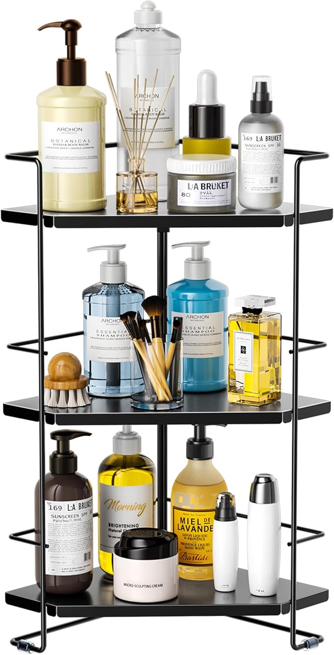 BOIVSHI 3-Tier Bathroom Organizer, Bathroom Counter Organizer, Bathroom Organizers and Storage for Bathroom, Kitchen Counter, Corner Storage Shelf for Bedroom Storage Makeup Skincare Perfume (Black)