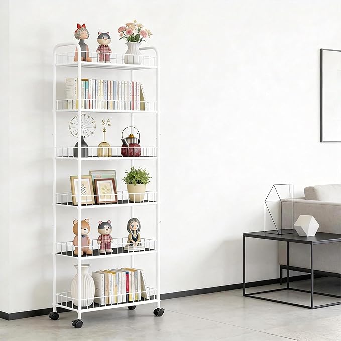 10in Slim Storage Cart, 6-Tier Narrow Rolling Shelf，Sturdy Slim Storage Ideal for Kitchen, Bathroom, and Laundry Room, Black (10in White)