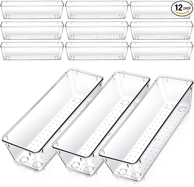 12 Pack Clear Plastic Kitchen Drawers Organizer 9 * 3 * 2 Inch Stackable Storage Trays for Kitchen Utensils Makeup Jewelry Office Supplies Bathroom and Dressing Table
