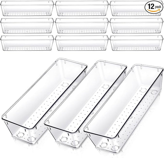 12 Pack Clear Plastic Kitchen Drawers Organizer 9 * 3 * 2 Inch Stackable Storage Trays for Kitchen Utensils Makeup Jewelry Office Supplies Bathroom and Dressing Table