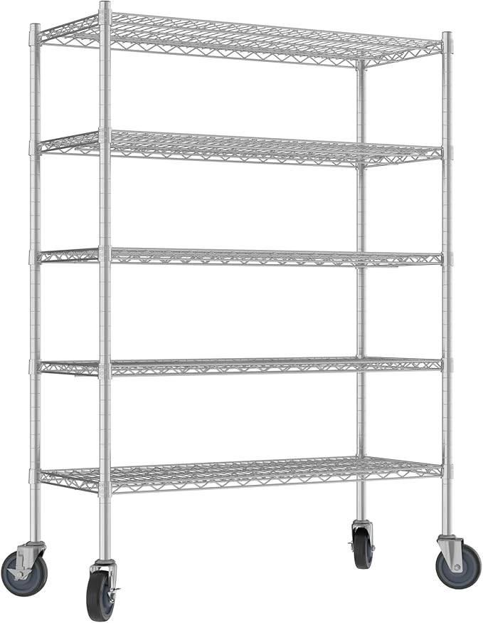 Commercial NSF Listed Chrome Mobile Wire Shelving Kit 18" x 42" x 60", with 5 Shelves Perfect for Warehouse, Walk-in Refrigerator, Freezer, Grocery Store, Restaurant, Dishroom