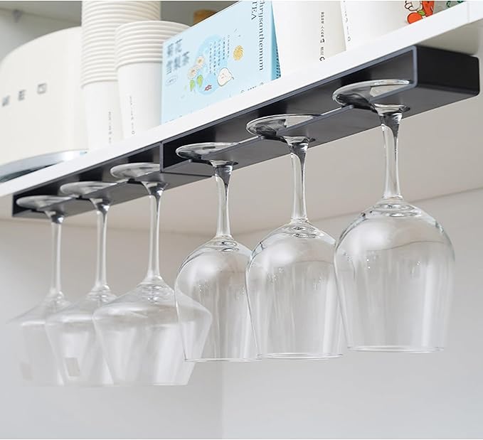 2 piece Wine Glass Holder,Under Shelf Cabinet Wine Glass Rack, Plastic Stemware Rack,Glassware Drying Storage Hanger for Kitchen,Bar and Restaurant (Black Style A)