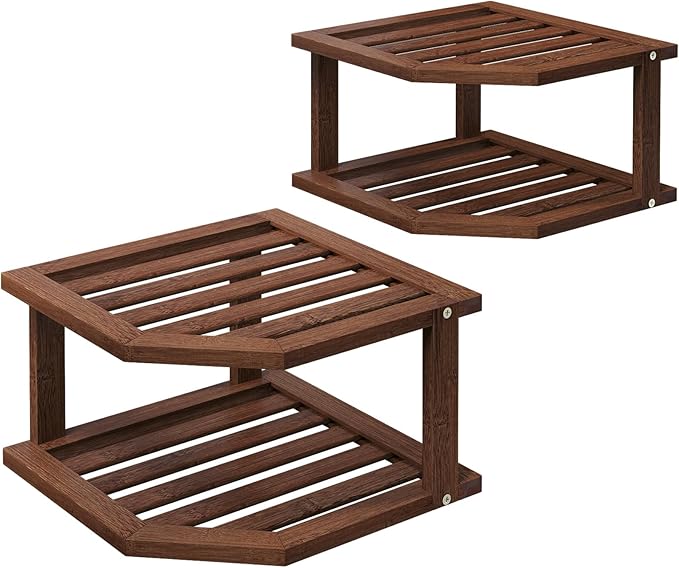 Bamboo Corner Shelf(2 Pack),2 Tier Plate Organizer for Cabinet and Countertop,Pantry Dish and Spice Rack for Kitchen（Brown）