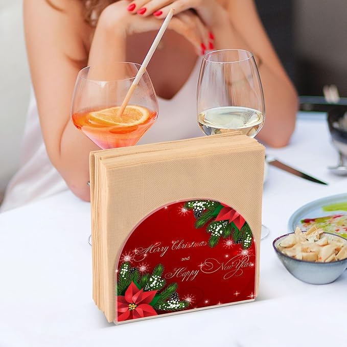 Christmas Fir Red Poinsettia Flowers Napkin Holder for Table Paper Napkins Holder Acrylic Tissue Dispenser Kitchen Dining Room Bathroom Party Car Decor
