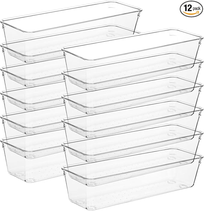 12 Pcs Clear Plastic Drawer Organizer 9 x 3 x 2 Inches Kitchen Bathroom Fridge Utensil Vanity Drawer Organizers Tray Makeup Storage Organizer Drawers Trays for Organization Office