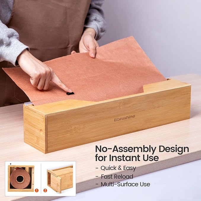Compact 18 Inch Foil Dispenser & Butcher Paper Dispenser with Slide Cutter, Wall-Mount Bamboo Paper Roll Organizer for Kraft/Freezer/Wax Paper, for Countertop, Drawer or Cabinet