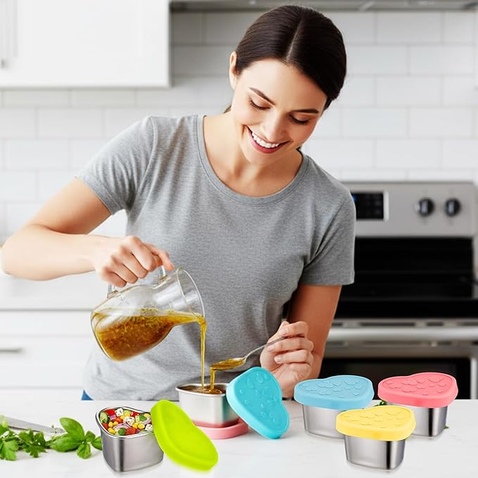 12 Pcs Heart Shaped Salad Dressing Container with Lids 2.1 oz Stainless Steel Small Condiment Containers Reusable Meal Prep Sauce Cups for Lunch Bento Box Picnic Work Kitchen Storage