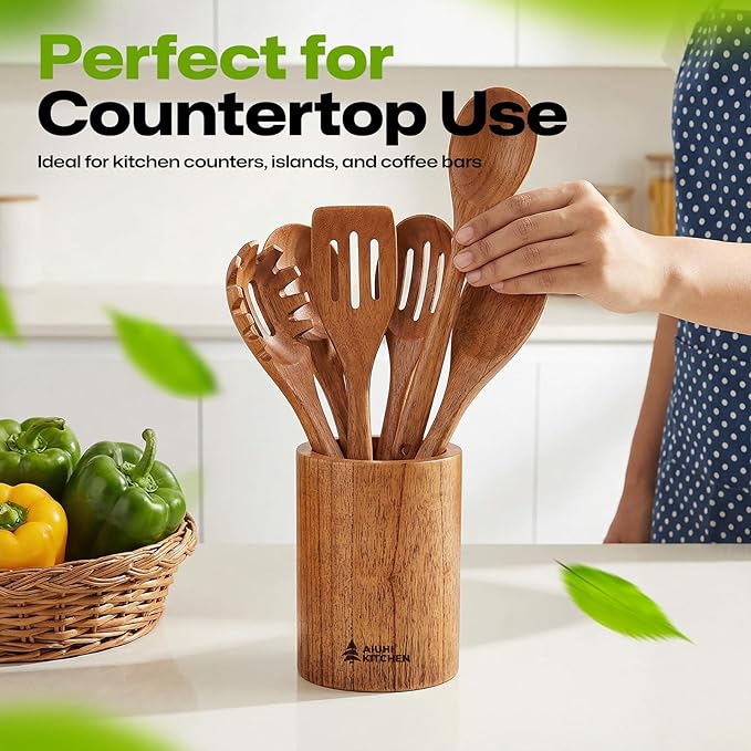 AIUHI Wood Utensil Holder for Kitchen Counter, Wooden Utensil Crock, Kitchen Utensil Organizer, 5.9"x 4.3" Large Spatula and Spoon Holders