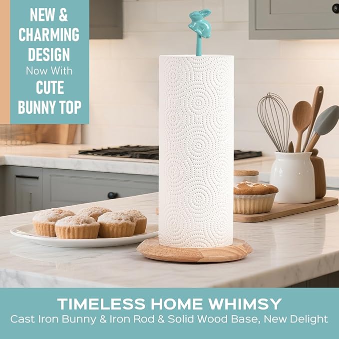 Wooden Paper Towel Holder Countertop, Cute Bunny Design - Natural Solid Wood Base with Iron Rod,Paper Towel Holder countertop for Kitchen Roll Organizing, Dining Table & Home Décor