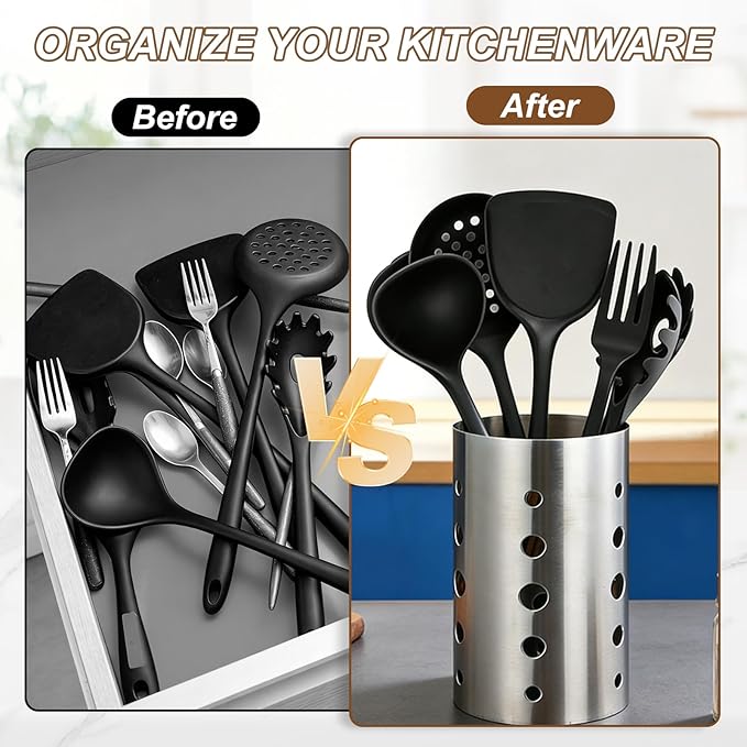 uxcell Kitchen Utensil Holder, 4.6x5.5 Stainless Steel Utensil Cutlery Holder Oval Flatware Organizer with Drain Hole for Kitchen Restaurant Countertop Straw, Spoon, Chopstick, Gold