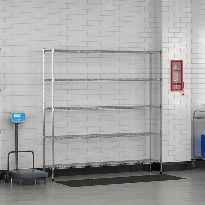 Commercial NSF Listed Chrome Stationary Wire Shelving Kit 14" x 72" x 74", with 5 Shelves Perfect for Warehouse, Walk-in Refrigerator, Freezer, Grocery Store, Restaurant, Dishroom
