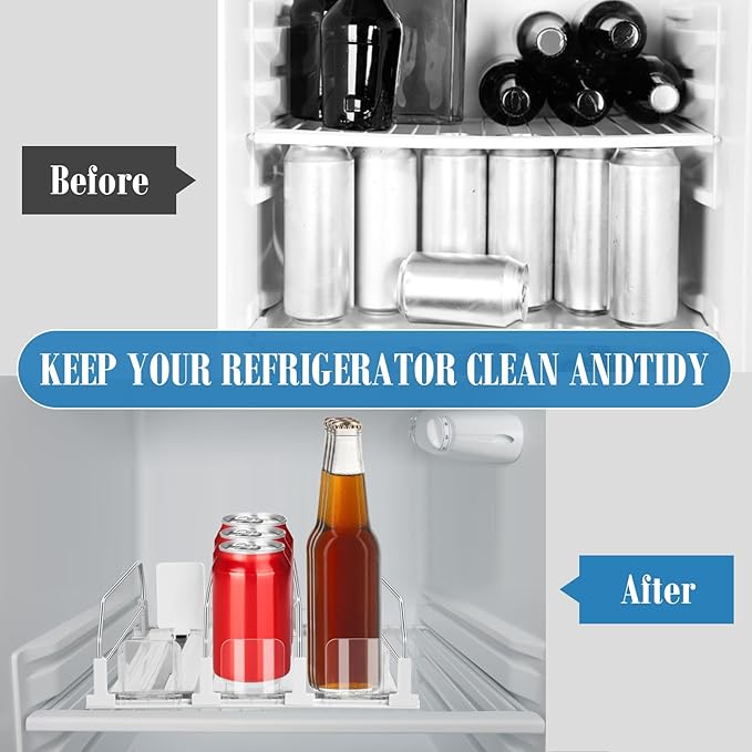 Drink Organizer for Fridge, Adjustable Width Soda Can Dispenser for Refrigerator Organizers and Storage, 3 Rows Beer Bottle Beverage Holder with Pusher Glide (14.96" D, White)