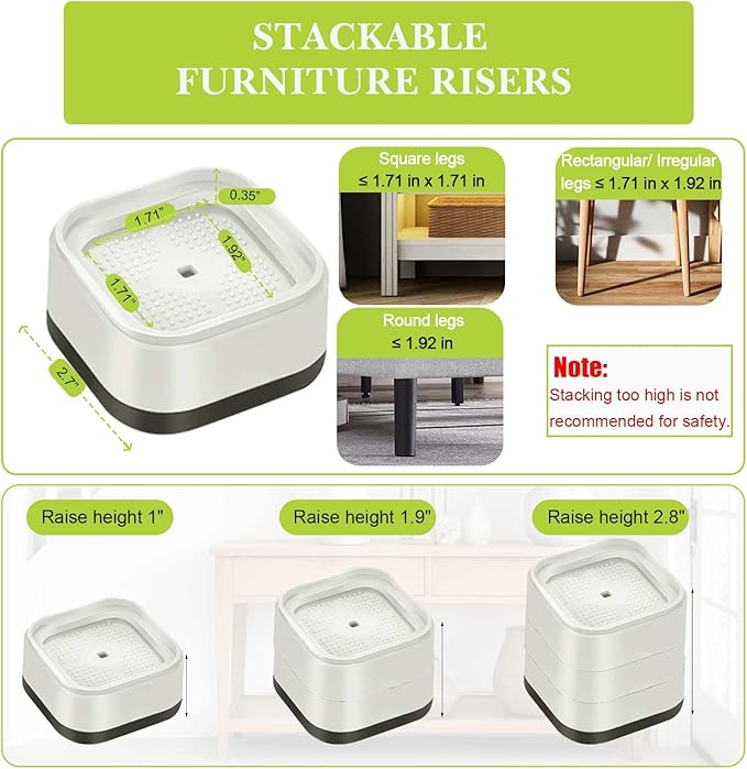 4 Pack Furniture Risers 1 Inch, Adjustable Bed Risers Heavy Duty for Table Desk Couch Chair Sofa Cabinet Bed Legs Dorm, Square Stackable Bed Raisers Blocks Lift Height 1", 2" or 3", White