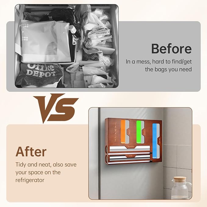 Magnetic Ziplok Bag Organizer for Refrigerator or Drawer, Natural Bamboo Foil and Plastic Wrap Organizer with Cutter, Storage Bag Holder for Gallon, Quart, Sandwich, Snack Food Bags