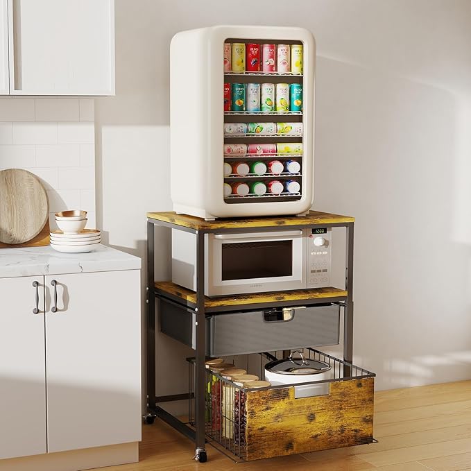Hadulcet 4-Tier Fridge Stand with Storage Drawer - Rolling Fridge Cabinet with Wheels, Heavy Duty 21.6" L* 22.8" W Fridge Cart, Sturdy Metal Frame, for Home, Apartment, Office, Dorm, Rustic Brown