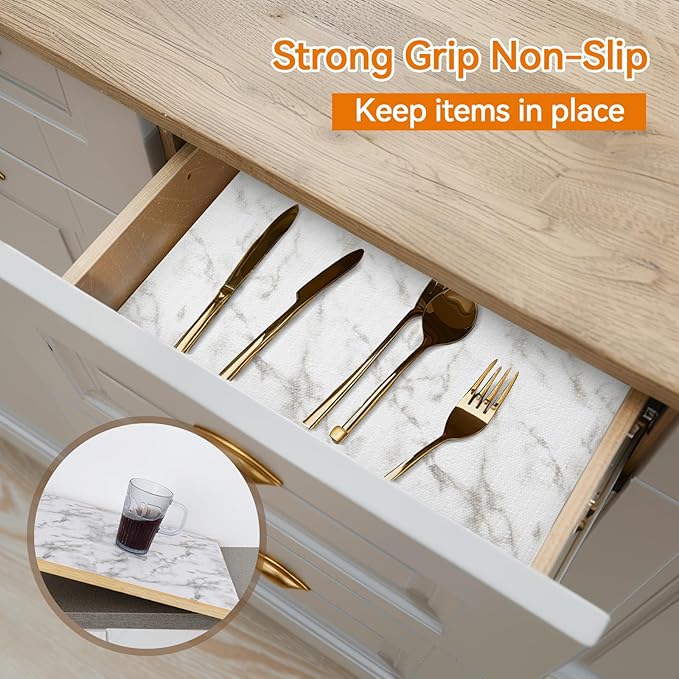 Shinlendid Shelf and Drawer Liner for Kitchen Cabinets Non-Adhesive, Strong Grip Non-Slip Thickened Cabinet Liners for Shelves, Waterproof Mats for Dresser Cupboard, Marble, 23 in x 30 Feet