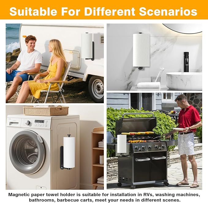 Magnetic Paper Towel Holder for Fridge, One Hand Tear RV Paper Towel Holder with Ratchet Mechanism, Self-Adhesive & Wall Mount for Refrigerator, Kitchen, Grill, Garage (Matte Black)