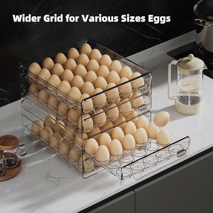HIYOHIYO Clear 24 Egg Holder for Fridge, Large Egg Organizer for Refrigerator, Stackable Egg Storage Trays for Countertop, Eggs Drawer Dispenser with Time Scale (2 Layer, 7.9"x 6.3"x 5.5")