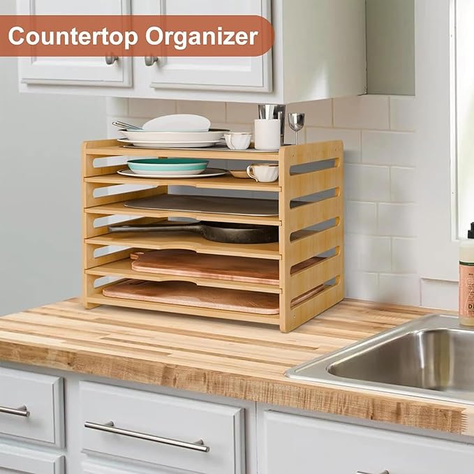 6 Tier Wooden Tray Dividers for Cabinets, Kitchen Vertical Tray Divider Organizer for Storing Baking Sheets Pans Lids Cutting Boards