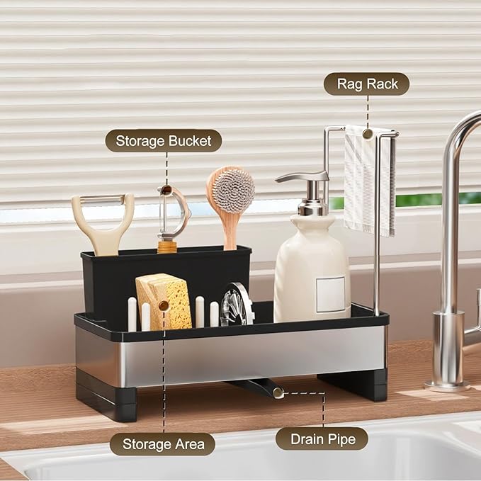Sponge Holder for Kitchen Sink, Stainless Steel Sink Caddy with Brush Holder, Dishcloth Rack and Holds Soap Dispenser, Auto-Drain Rustproof Countertop Organizer (Black)