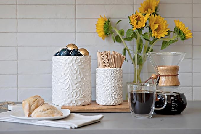 25DOL Large 7.3"+5.4" Engraved Ceramic Utensil Holder for Countertop, Cooking Utensils Organizer for Spatula, Large Utensils Crock for Kitchen Counter, Kitchen Decor, set of 2, White