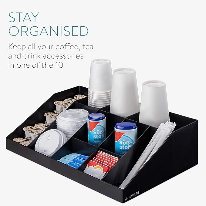 Navaris Coffee Station Organiser - 10 Compartment Coffee Bar Organiser for Office & Kitchen - Black