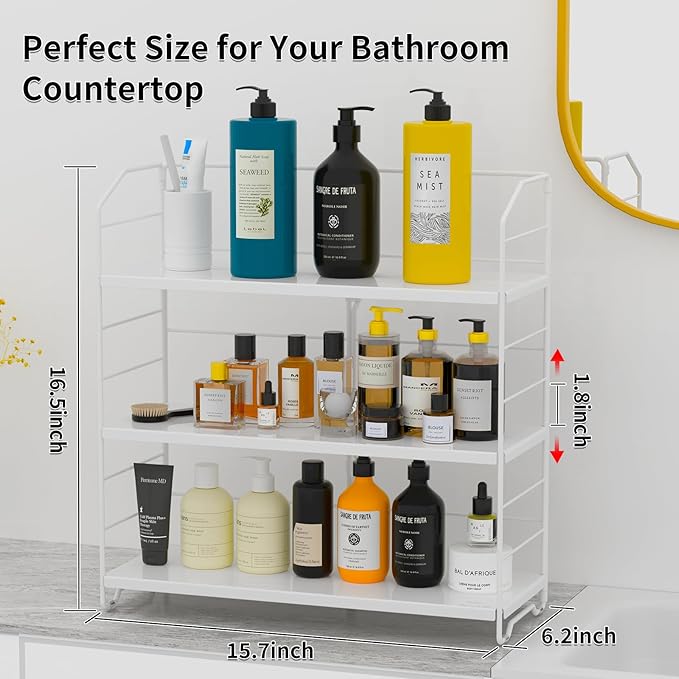 Bathroom Countertop Organizer, 3-Tier Bathroom Counter Organizer, 8-Levels Height Adjustable, Bathroom Organizer for Kitchen, Livingroom, Office Storage, Metal White
