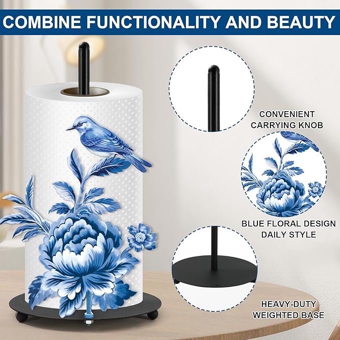 JarThenaAMCS Chinoiserie FreeStanding Paper Towel Holder Vintage Blue Floral Bird Kitchen Decor Accessories Large Metal Towel Holder Stand for Farmhouse Home Party Bathroom Countertop