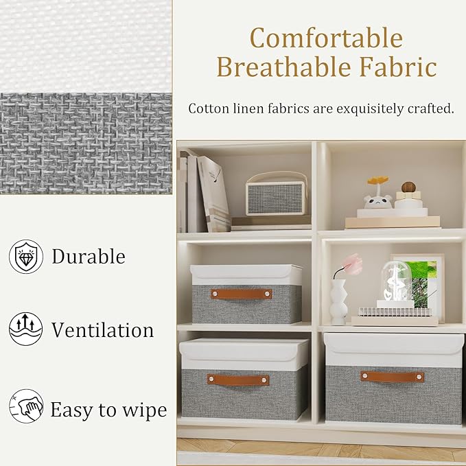 OUTBROS Large Fabric Storage Box with Lids, Foldable Linen Wardrobe Containers, Organiser For Towels, Clothes, 17.7 x 11.8 x 11.8 inch (White/Grey, 1-Pack)