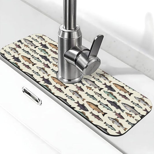 Vintage Bass Fish Bait Fishing Kitchen Sink Splash Guard Faucet Mat 1 Pcs, Absorbent Fast Drying Mat Gadgets Splash Guard For Bathroom 15 X 5.5 Inches