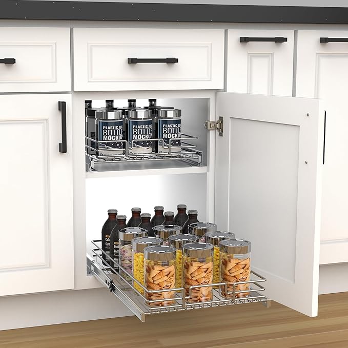 Pull Out Cabinet Organizer, Heavy-Duty Metal Sliding Drawer Shelf for Kitchen Cabinets, Chrome, Doesn't Include Door Fittings (20 * 21 IN)