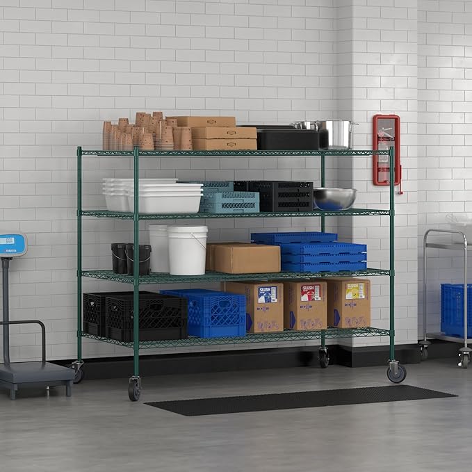 Commercial NSF Listed Green Epoxy Mobile Wire Shelving Kit 36" x 72" x 60", with 4 Shelves Perfect for Warehouse, Walk-in Refrigerator, Freezer, Grocery Store, Restaurant, Dishroom