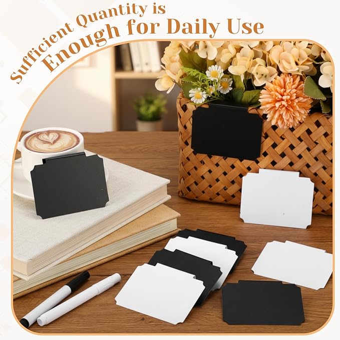 YooNotee 50 Pcs Basket Labels Clip on with 4 Black Chalk Markers Reusable Plastic Storage Bin Erasable Labels Kitchen Pantry PVC Tag Stickers for Fabric Cubes Basket Box Organization (White and Black)