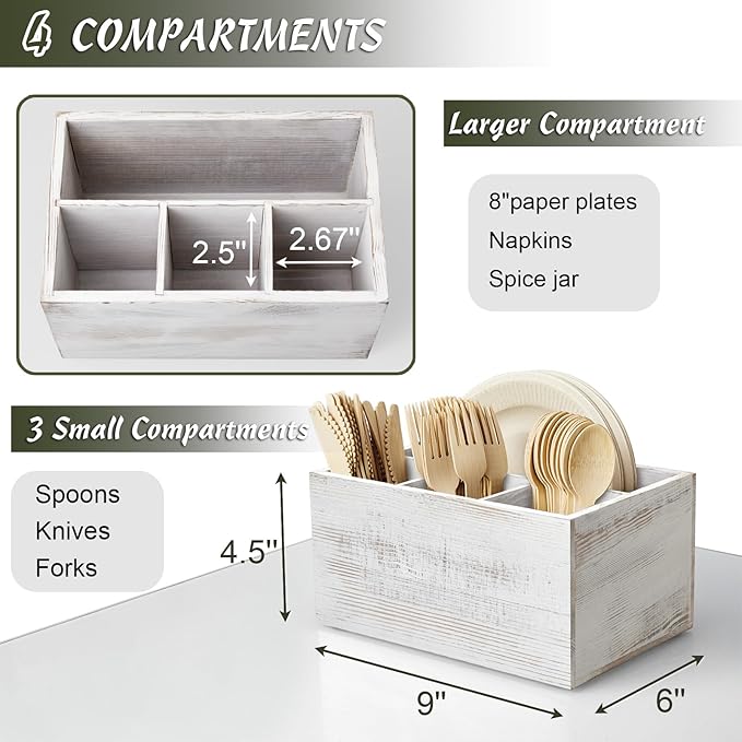 DRASTAR Silverware Caddy, Wooden Utensil Organizer, Picnic Cutlery Holder,Retro White Silverware Caddy for Party, Countertop, Camping