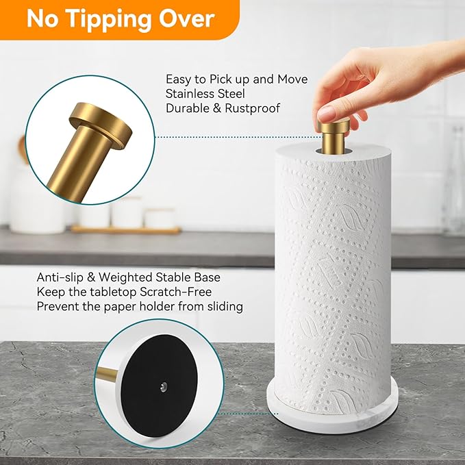 Gold Paper Towel Holder, Standing Paper Towel Holder with Weighted Marble Base for Kitchen Bathroom, Countertop Marble Paper Towel Roll Holder for Standard or Jumbo-Sized