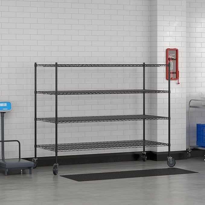 Commercial NSF Listed Black Epoxy Mobile Wire Shelving Kit 30" x 72" x 60", with 4 Shelves Perfect for Warehouse, Walk-in Refrigerator, Freezer, Grocery Store, Restaurant, Dishroom