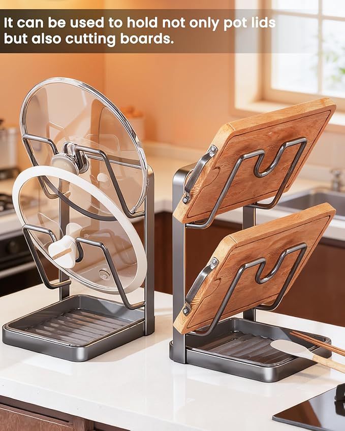 Pot Lid Organizer Holder Rack for While Cooking Under Cabinet Crockpot Pan and Storage Crock Spoon Rest with Kitchen Top Double U-Shaped Slots Steel Countertop Counter Stainless Stand Drip Tray