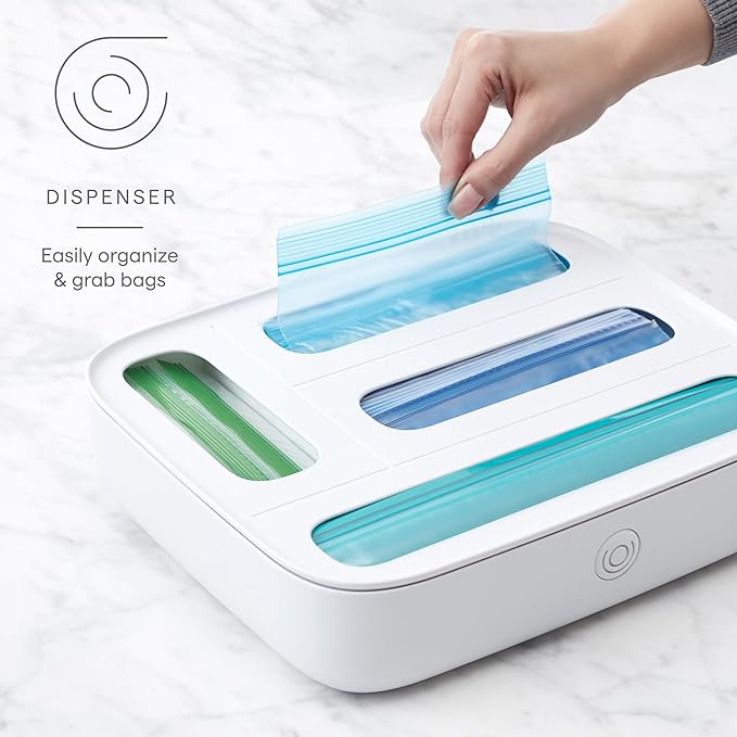 StoraBag Drawer Food Bags Dispenser, 4-Slot, Plastic Sandwich Bag Organizer for Kitchen Storage, White