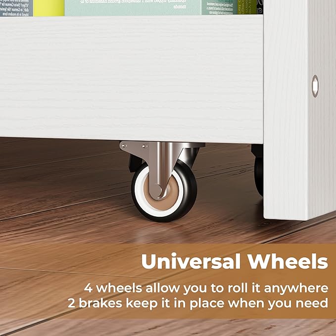 LIKIMIO 4 Tier Slim Storage Cart with Hooks, Wheels, Handle, Slide-Out Rolling Utility Cart for Small Spaces Kitchen, Narrow Mobile Shelving Unit Organizer Trolley, 23.6" L x 9.4" W