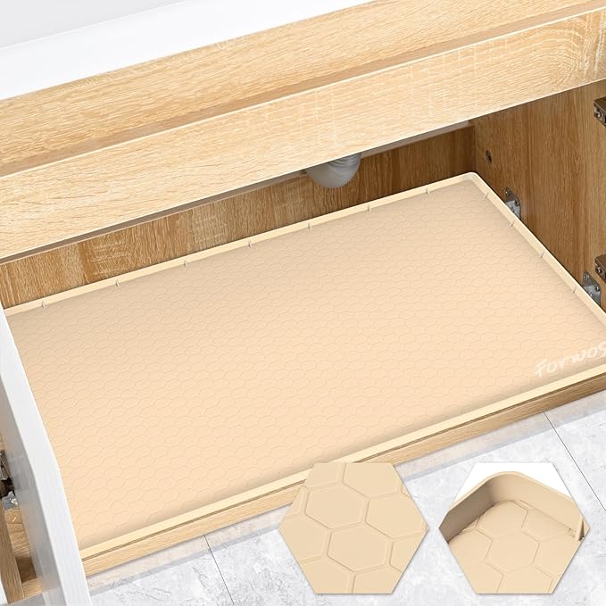 FORWOS Waterproof Under Sink Mat 28" x 22", Silicone Cabinet Liner, Rubber Protector for Kitchen and Bathroom, Keeps Cabinets Clean, Dry, and Organized (Beige)