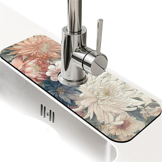 Kitchen Sink Splash Guard，Array of flowers Faucet Mat Sink Gadgets-Super Absorbent Fast Drying Mat Drip Catcher for Kitchen, Bathroom,Sink Mat, Dish Drying Mat, Bathroom(15" X 5.5" )