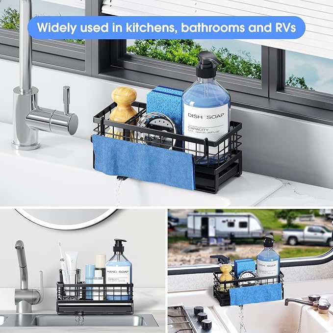 Kitchen Sink Sponge Holder - Self-Draining, Detachable Dish Cloth Holder, Rustproof Kitchen Countertop Organizer, Black