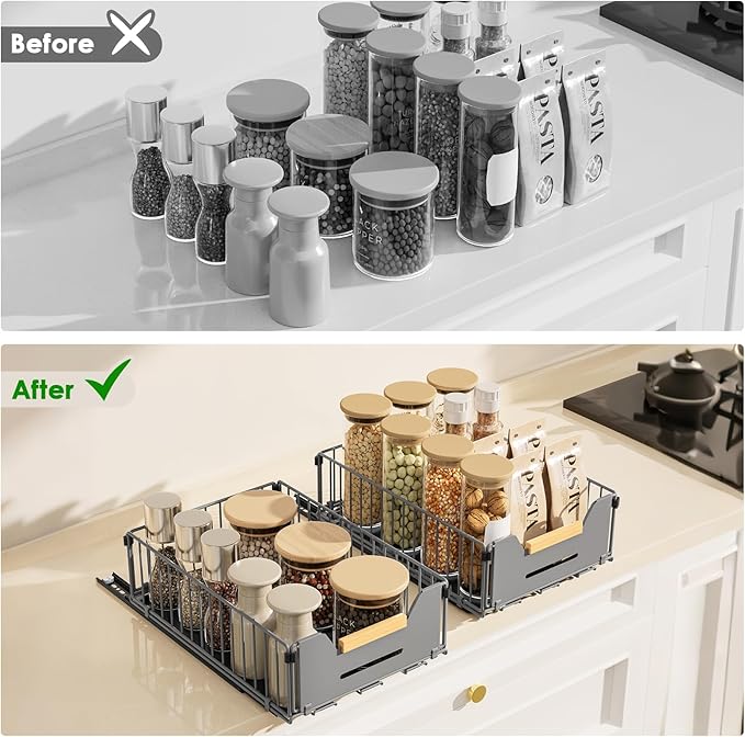 2 Pack Pull Out Cabinet Organizer, Slide Out Drawers for Cabinets,Peel and Stick,Comes with adhesive and screws,Suitable for kitchens,Cupboard,Pantry, Bathroom, Short-Gray(14.76" D*9.64" W*4.72" H)