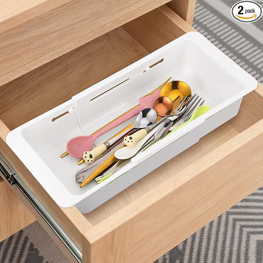 Booson 2 PCS Deep Drawer Organizer Bin Adjustable Sliding Drawer Organizers Expandable Kitchen Organizer Trays for Home Office Makeup Storage Tools